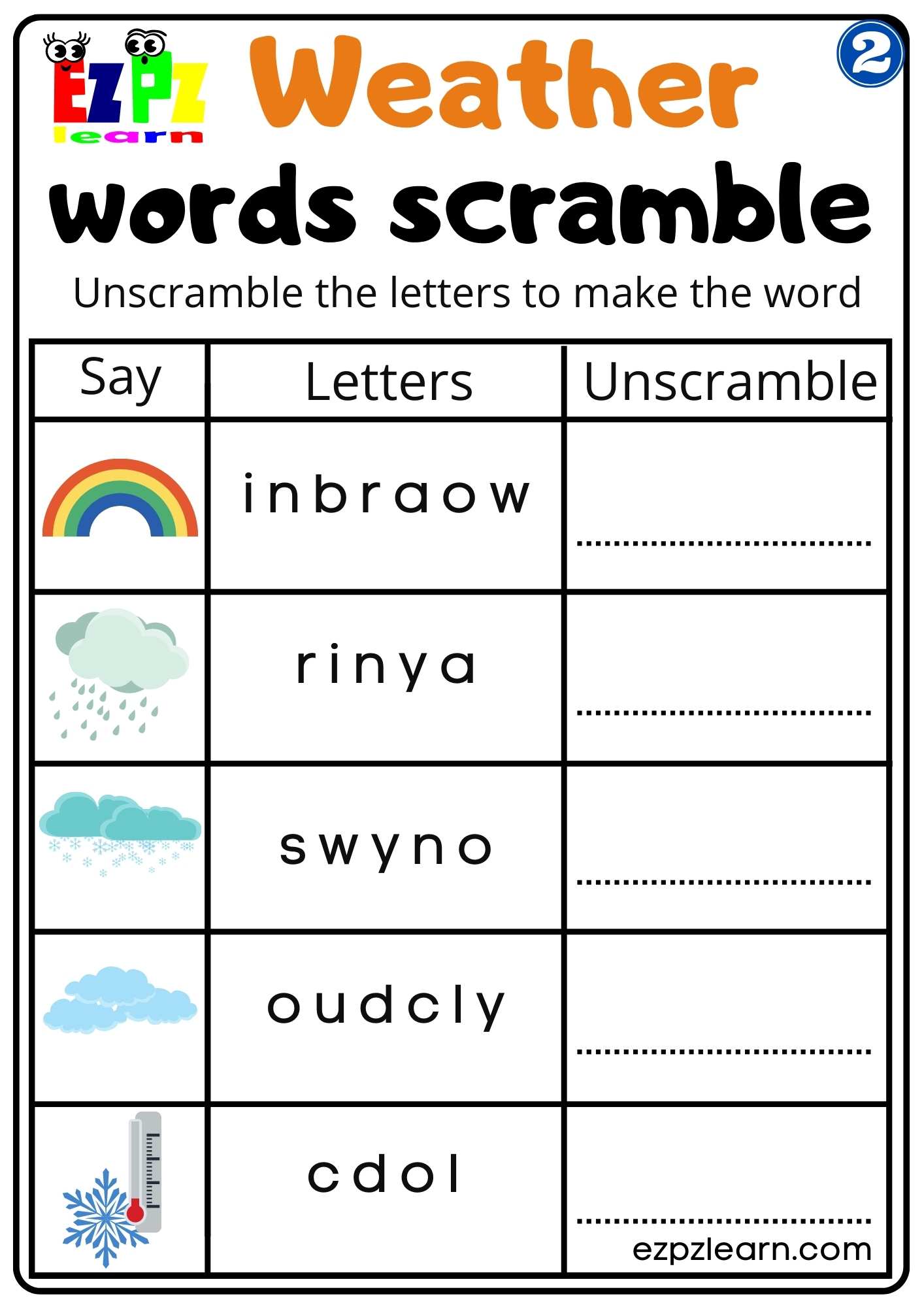 Group 2 Weather Vocab Words Scramble Easy Worksheet for Kids K5 PDF Download